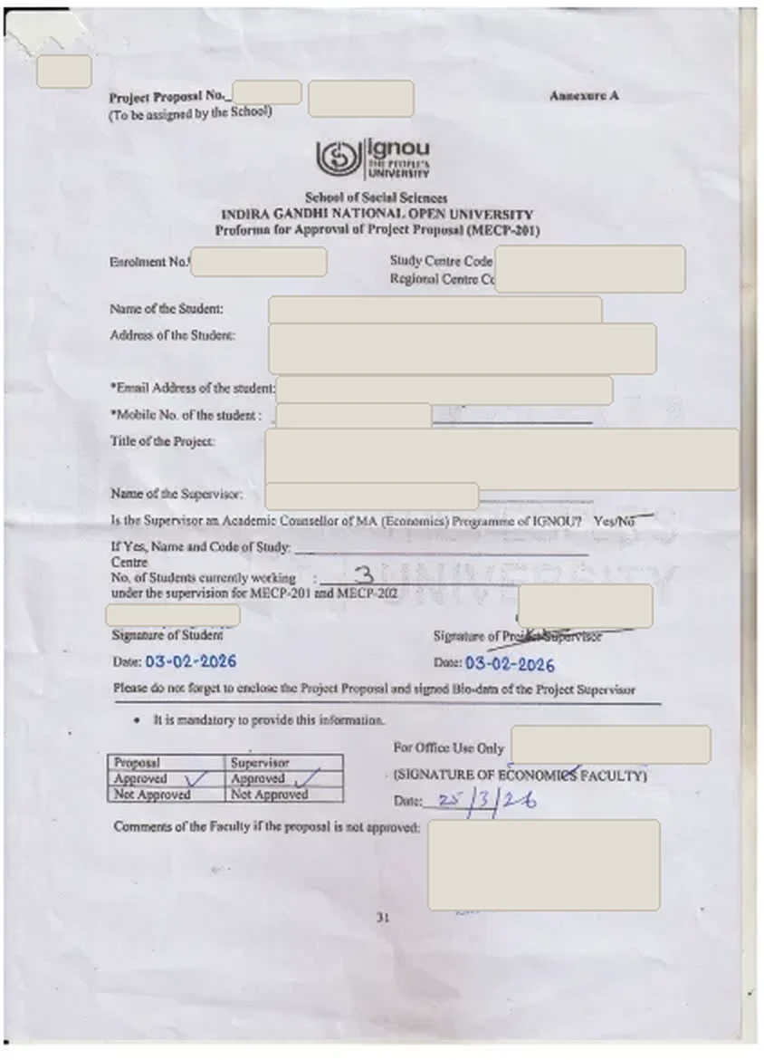 Approved MECP-201 project proposal proforma with every personal entry covered, both Approved boxes ticked